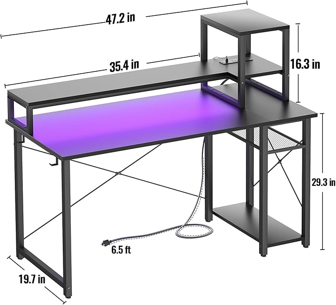 Gaming Desk with Lights & Power Outlets, 47.2'' Computer Desk with Storage Shelves, Small Desk for Small Space, Desk with Monitor Stand, Black - LeafyLoom