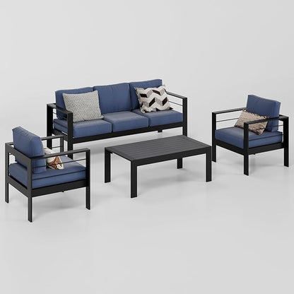 Wisteria Lane Aluminum Outdoor Patio Furniture Set, 4 Pcs Modern Outdoor Conversation Set Sectional Sofa with Upgrade Cushion and Coffee Table for Balcony,Black Frame and Blue Cushion - LeafyLoom