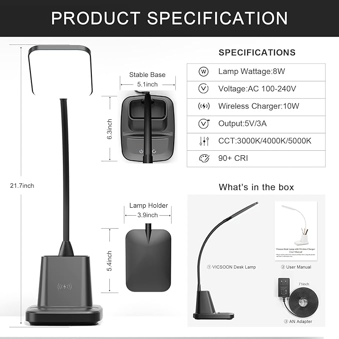 Desk Lamp for Home Office, LED Desk Lamp with Wireless Charger Pen Holder, Dimmable Desk Light with 3 Color Modes, Black Office Lamp for Dorm - LeafyLoom