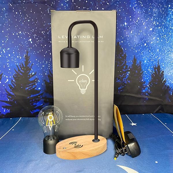 Magnetic Levitating Light Bulb Levitation Real Wood Black Floating Desk Lamp LED Night Lights with Luxury Wireless Charging Pad (Apple/Android) for Christmas Gift - LeafyLoom