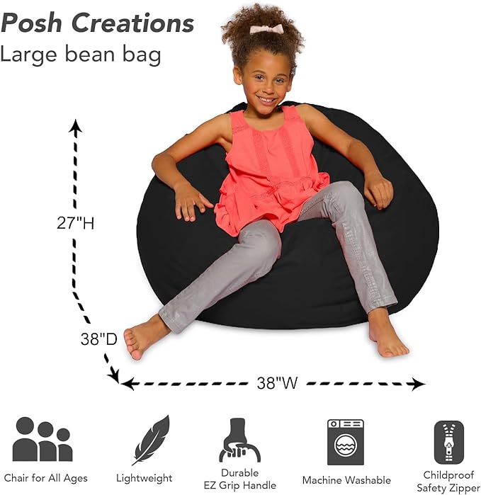 Posh Creations Bean Bag Chair for Kids, Teens, and Adults Includes Removable and Machine Washable Cover, Solid Black, 38in - Large - LeafyLoom