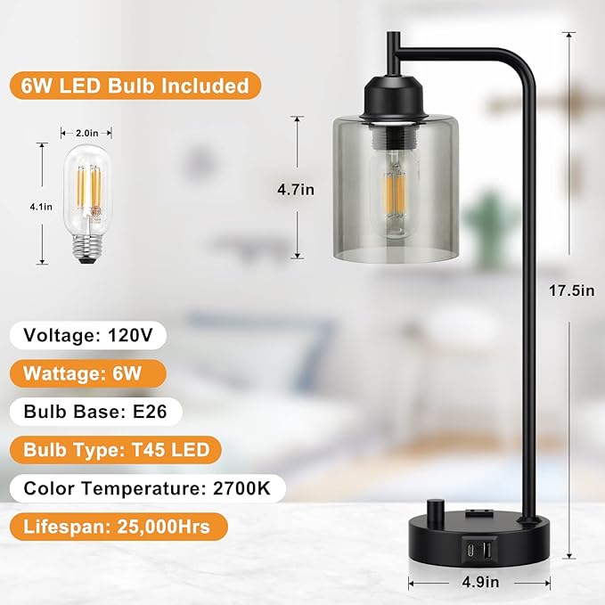 Industrial Bedside Desk Lamps for Bedroom - Grey Smoked Glass Shade Table Lamp with USB C Port, Fully Dimmable Small Lamps with USB Port and Outlet, Reading Nightstand Lamps for Office Living Room - LeafyLoom