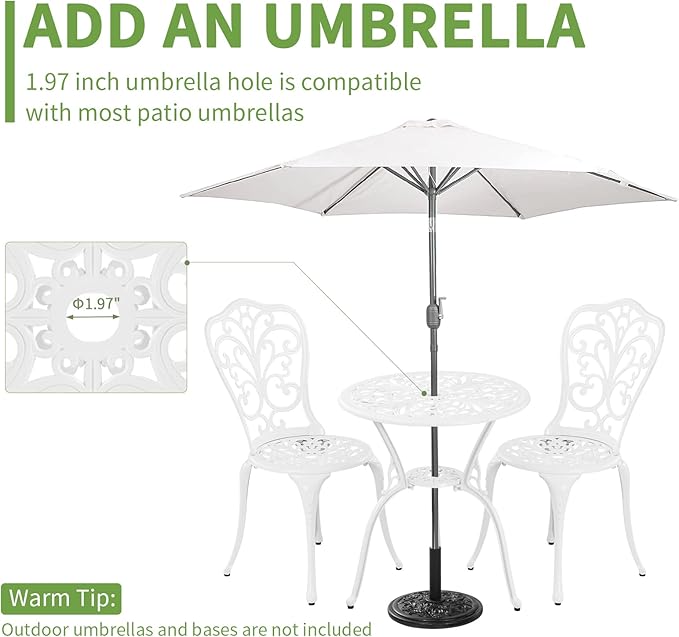 3 Piece Patio Set Outdoor Cast Aluminum Patio Bistro Table and Chairs Set of 2,All Weather Outdoor Bistro Sets with 1.97" Umbrella Hole for Front Porch Set,Garden(White) - LeafyLoom