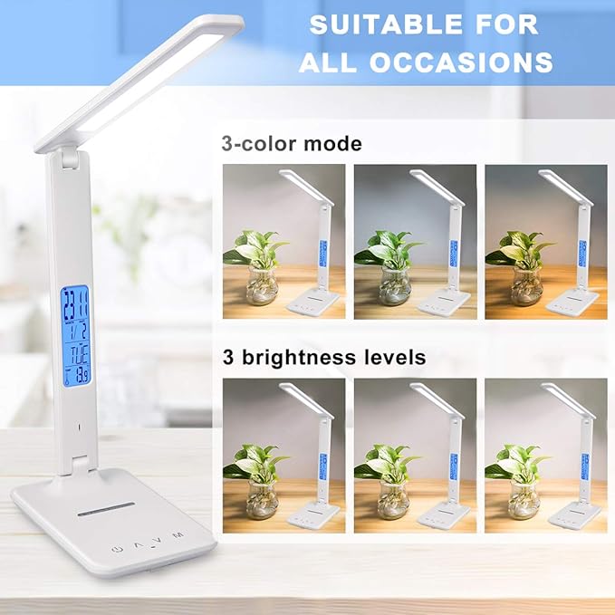 LED Desk Lamp, Desk Lamp with Wireless Charger, Suitable for Home, Office Dimmable Desk Lamp, with USB Charging Port, Built-in Clock, Calendar, Thermometer and Automatic Timing Reading Desk Lamp. - LeafyLoom