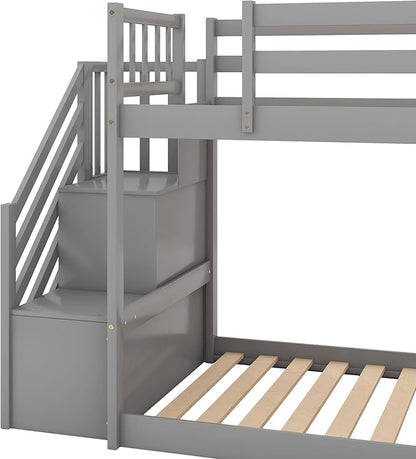 Twin Bunk Bed with Convertible Slide and Stairs, Wooden Low BunkBed Frame for Kids Teens Bedroom, Dorm, Gray - LeafyLoom