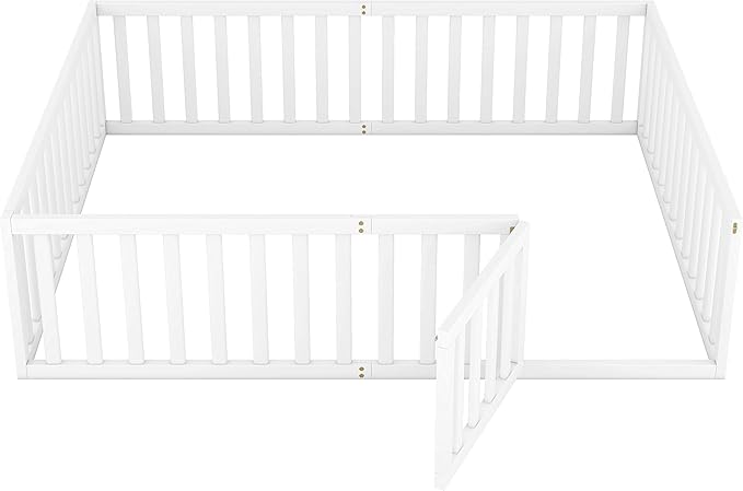 Multifunctional Queen Size Floor Bed with Safety Guardrails and Door, Montessori Sturdy Solid Wood Beds Frame, Easy Assembly and No Spring Need, for Boys and Girls Room, White - LeafyLoom