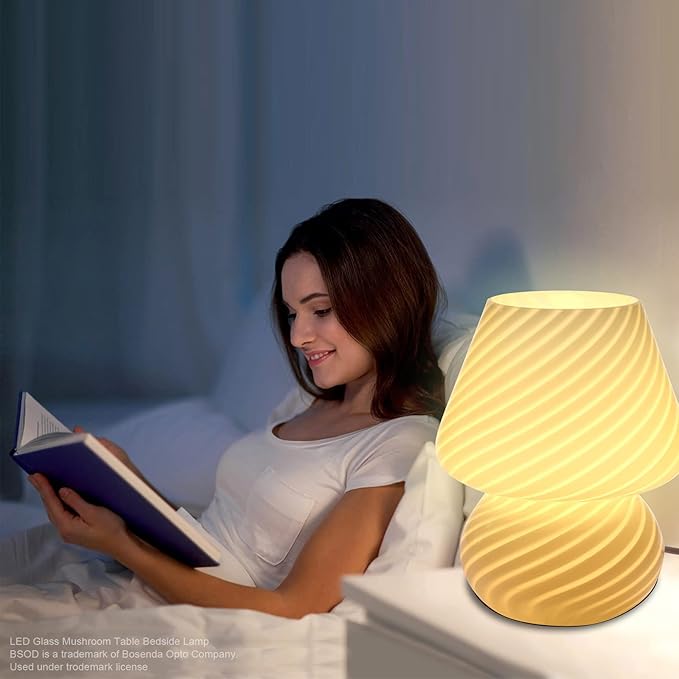 BSOD Glass Mushroom Bedside Table Lamp, Yellow Translucent Murano Vintage Style Striped Small Nightstand Desklamp Swirl Light for Home Decor, Dining, Living, Bedroom, Gift (Stripe Yellow) - LeafyLoom