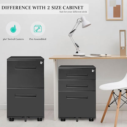 3-Drawer Mobile File Cabinets Rolling Metal Filing Cabinet for Legal & Letter File Anti-tilt Design with Lock Under Desk Office Drawers Fully Assembled Except Casters Black(Style 3) - LeafyLoom