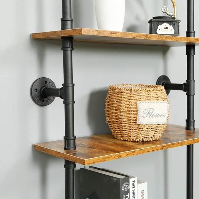 6-Tier Industrial Pipe Shelves Shelf Shelving Rustic Wood Metal Wrought Iron Ladder Bookcase Bookshelf Wall Mounted Mount DIY Loft Vintage Floating Hanging Storage Display (23.6x9.8x78.7”) - LeafyLoom