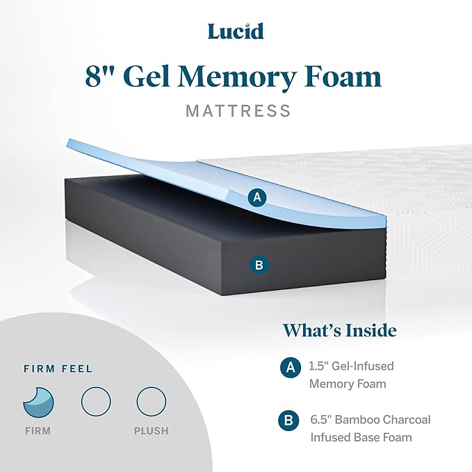 Lucid 8 Inch Twin XL Mattress - Firm Gel Memory Foam Mattress – Bamboo Charcoal Foam –Gel Infused- Hypoallergenic Foam Mattress - LeafyLoom