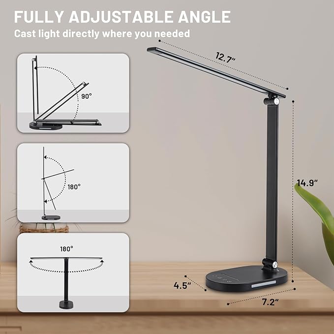 LED Desk Lamp for Home Office, Dimmable Table Lamp with USB Charging Port, 5 Lighting Modes, Sensitive Control, 60 Minutes Auto-Off Timer, Eye-Caring Office Lamp(Black) - LeafyLoom