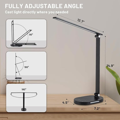 LED Desk Lamp for Home Office, Dimmable Table Lamp with USB Charging Port, 5 Lighting Modes, Sensitive Control, 60 Minutes Auto-Off Timer, Eye-Caring Office Lamp(Black) - LeafyLoom