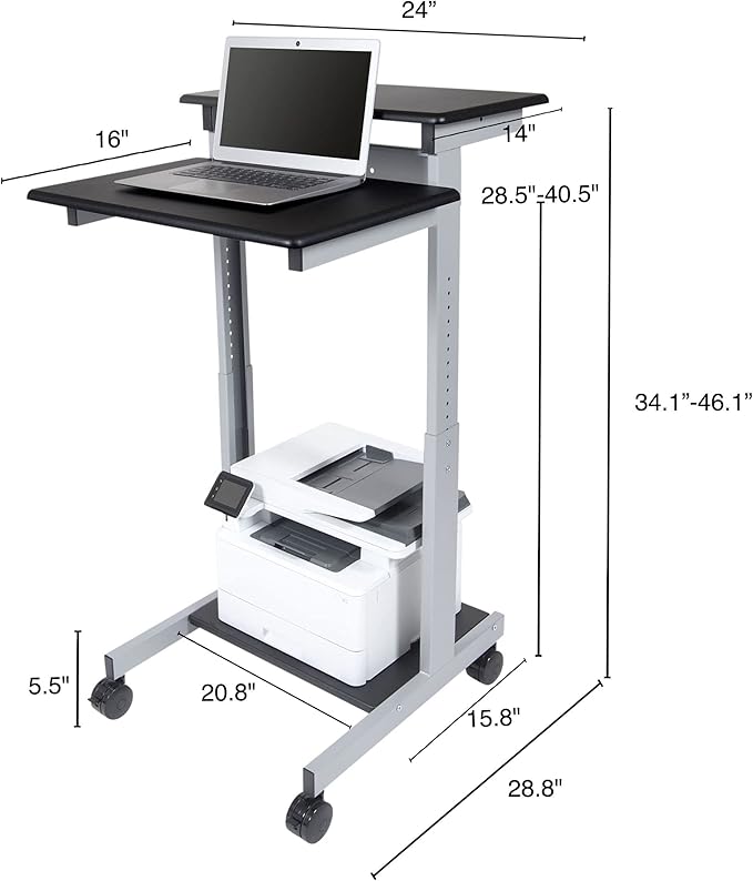 Stand Up Desk Store Rolling Adjustable Height Two Tier Standing Desk Computer Workstation (Silver Frame/Black Top, 24" Wide) - LeafyLoom