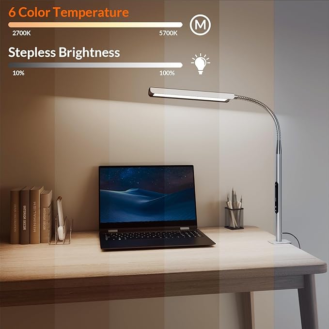 Desk Lamps for Home Office, RG0 Eye-Caring Desk Light, 750LM Desk Lamp, 10 Brightness Touch Table Lamp, 6 Color Temperature, 3 Timer Function, Metal Gooseneck Desk Lamp for Home & Office - LeafyLoom