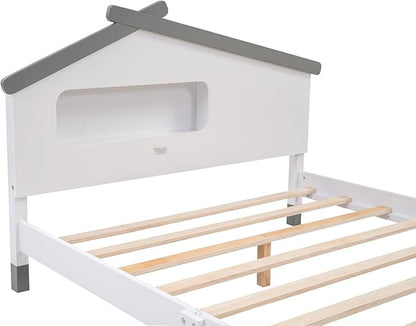 Bellemave Full Size Platform Bed with House-Shaped Headboard and Motion Activated Night Lights,Wood Full Kids Bed Frame for Teens, Girls,Boys(Full,White) - LeafyLoom