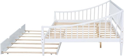 Full Size Daybed with Hideaway Trundle and Support Legs,Multi-functional Wood Bed Frame,W/Rails Three Sides,Easy to Assemble,for Bedroom,Living Room,Apartment,White - LeafyLoom