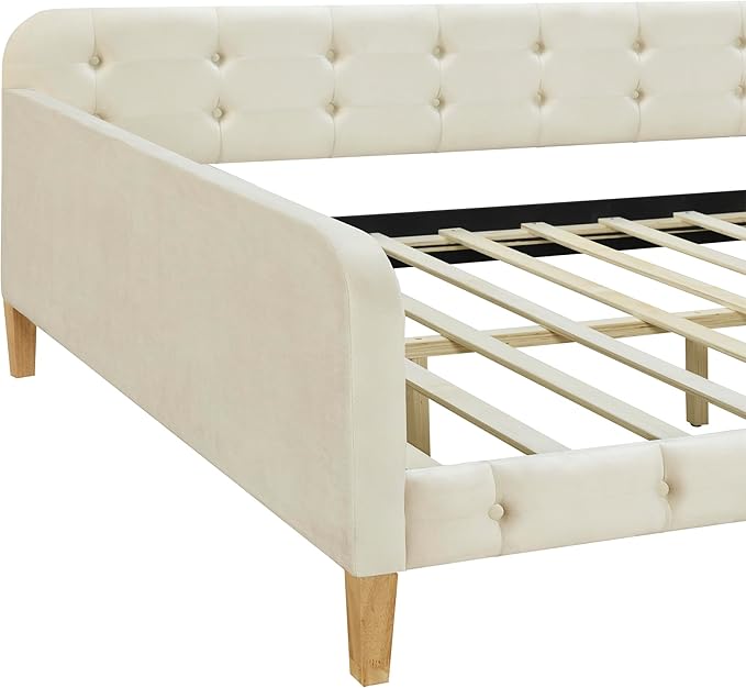 Full Size Velvet Upholstered Dayed with 4 Support Legs,Multifunction Solid Wood Bed Frame,W/A Backrest and Armrests,Easy to Install,for Bedroom Living Room,White - LeafyLoom