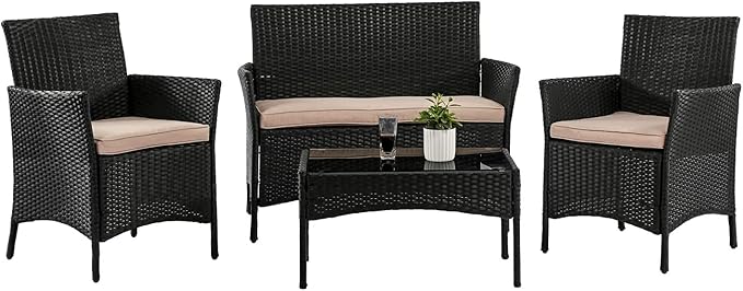 Outdoor Patio Furniture Sets 4 Pieces Patio Set Rattan Chair Wicker Sofa Conversation Set Patio Chair for Backyard Lawn Porch Poolside Balcony Garden Furniture Sets with Coffee Table (Black) - LeafyLoom