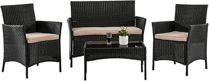 Outdoor Patio Furniture Sets 4 Pieces Patio Set Rattan Chair Wicker Sofa Conversation Set Patio Chair for Backyard Lawn Porch Poolside Balcony Garden Furniture Sets with Coffee Table (Black) - LeafyLoom