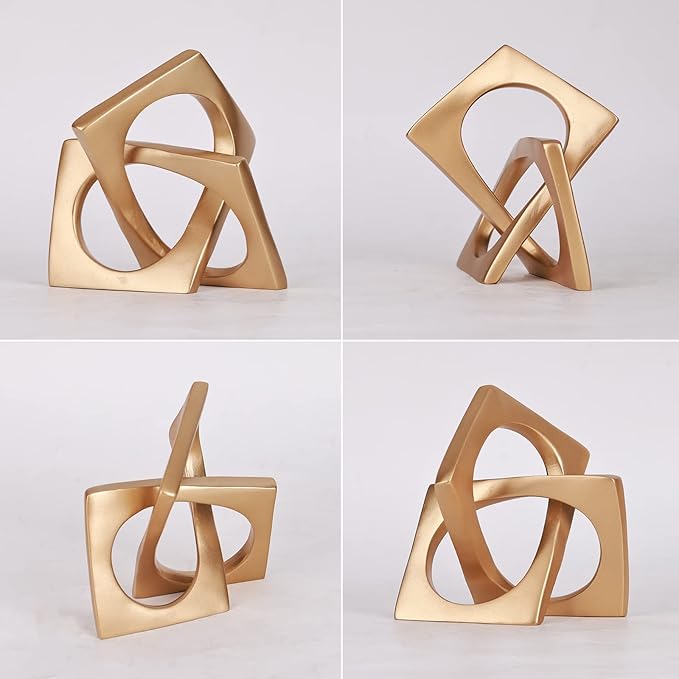 Modern geometric cube gold knot decorations, modern home gold decorative statues, gold home bookcase centerpieces for tabletop decor, console, entryway, dining table centerpieces with gold knots - LeafyLoom