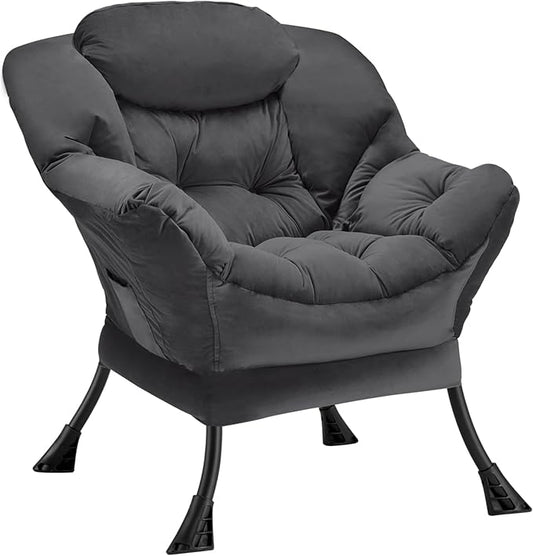 Fabric Lazy Chair Large Accent Chair,Velvet Frabic Modern Lounge Reading Chair with Armrests & Side Pocket,Upholstered Armchair for Living Room,Bedroom,Dorm,Dark Grey - LeafyLoom