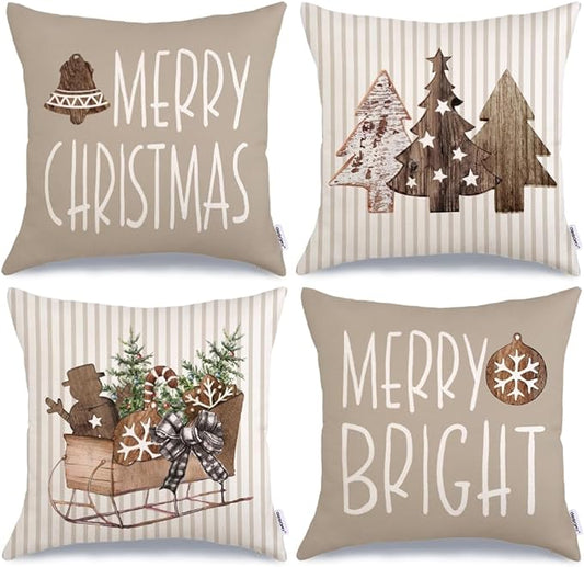 GEEORY Christmas Pillow Covers 16 x 16 Inch Set of 4, Striped Wooden Tree Snow Sleigh Merry Bright Xmas Holiday Decor Decorative Throw Cushion Case Decoration for Home Party Sofa Couch (Brown) GEEORY