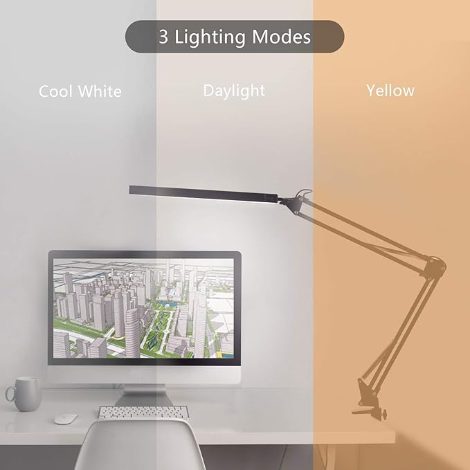 LED Architect Desk Lamp, Metal Swing Arm Dimmable Task Lamp, Eye Care Table Lamp with Clamp (3 Color Modes, 10-Level Dimmer, Memory Function) Highly Adjustable Office, Craft, Workbench Light - LeafyLoom