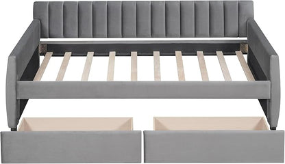 Velvet Upholstered Twin Daybed with Two Storage Drawers, Solid Wooden Sofa Bed Frame w/Vertical Stripes Designed Backrest and Pine Legs, Space-Saving Design, Gray - LeafyLoom