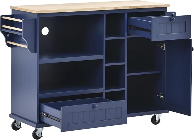 Mobile Cart with Storage Cabinet & Solid Wood Desktop, Kitchen Island on Wheels w/Adjustable Shelf and Drawer, Floor Standing Buffet Server Sideboard for Dining Room, Bar, Dark Blue, 50.8 Inch - LeafyLoom