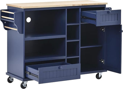 Mobile Cart with Storage Cabinet & Solid Wood Desktop, Kitchen Island on Wheels w/Adjustable Shelf and Drawer, Floor Standing Buffet Server Sideboard for Dining Room, Bar, Dark Blue, 50.8 Inch - LeafyLoom