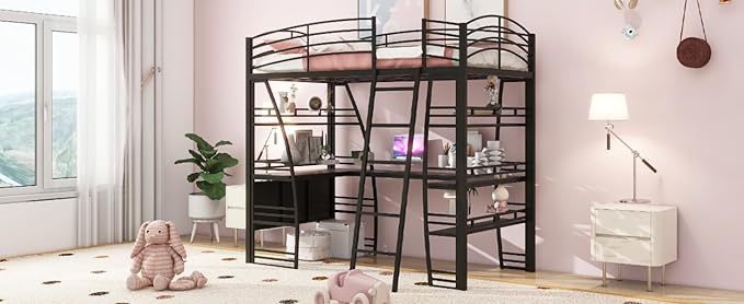 RITSU Twin Size Loft Bed with Storage 4 Layers Shelves and L-Shaped Desk, Strong Metal Bedframe, USB Ports Sockets and Wireless Charging, for Children's Room, Teens, Black - LeafyLoom