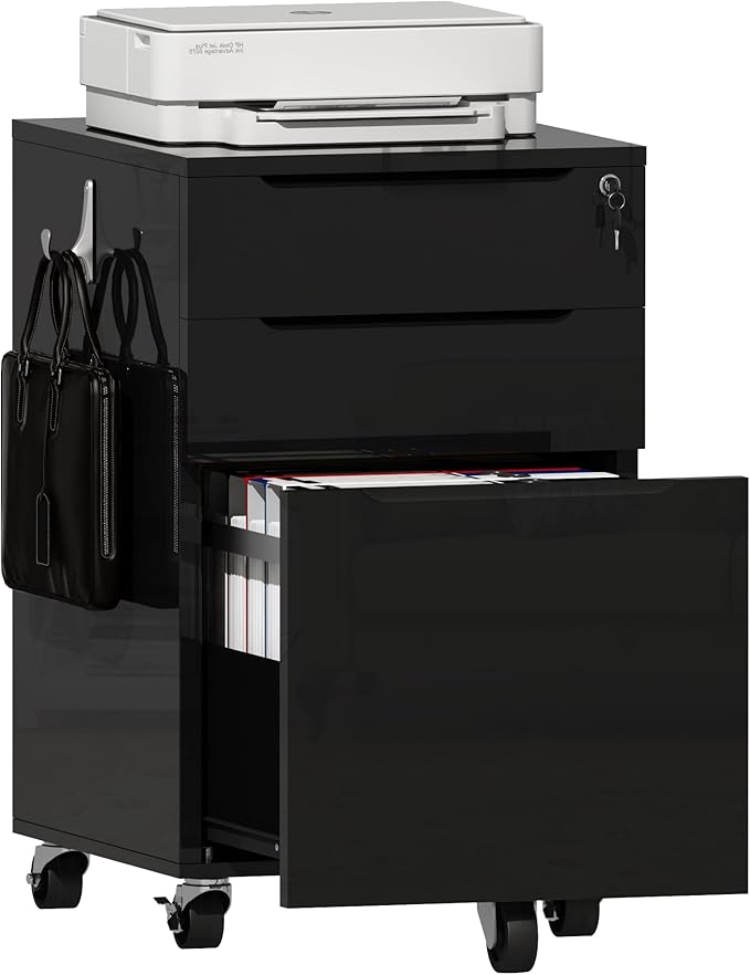 ChooChoo High Glossy File Cabinet with Lock,3 Drawer Rolling Filing Cabinet Fits Legal Size/A4/Letter, Under Desk File Cabinet with Hook for Home Office, Black - LeafyLoom