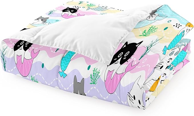 Girls Cat Bedding Set Queen Size - 3Pcs Cute Cartoon Mermaid Tail Cat Patterns Comforter Set for Girls Boys Kids Bedroom Cat Bedding Room Decor for All Season, 1 Comforter 2 Pillow Cases - LeafyLoom