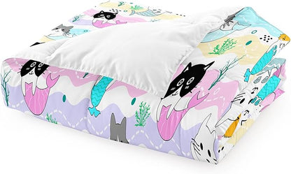 Girls Cat Bedding Set Queen Size - 3Pcs Cute Cartoon Mermaid Tail Cat Patterns Comforter Set for Girls Boys Kids Bedroom Cat Bedding Room Decor for All Season, 1 Comforter 2 Pillow Cases - LeafyLoom