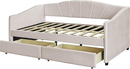 Twin Size Upholstered Daybed with Two Drawers, Wood Slat Support Sofa Bed with Armrest, No Box Spring Needed, Easy to Assemble, for Studio, Bedroom, Living, Guest Room, Beige - LeafyLoom