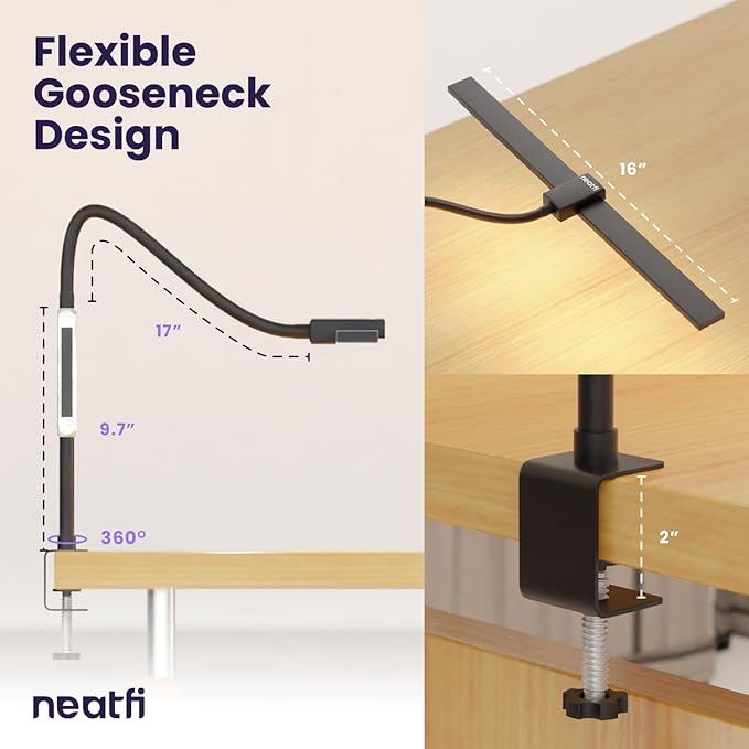 Neatfi Modern Desk Lamp with Clamp, Touch & Remote Controlled, 15W, Adjustable Color Temperature (3000K-6000K), Stepless Dimming, Flicker-Free, Wide-Angle Lighting for Home (Gooseneck, Black) - LeafyLoom