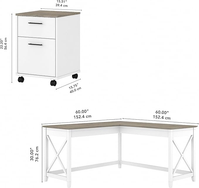 Bush Furniture Key West 60W L Shaped Desk with 2 Drawer Mobile File Cabinet in Pure White and Shiplap Gray - LeafyLoom