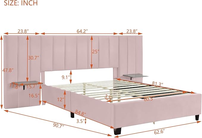 Queen Upholstered Platform Bed Frame with Extended Headboard and and Two Shelves, Velvet Bed, No Box Spring Needed, Pink - LeafyLoom