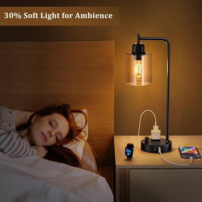 Industrial Bedside Desk Lamps for Bedroom - Grey Smoked Glass Shade Table Lamp with USB C Port, Fully Dimmable Small Lamps with USB Port and Outlet, Reading Nightstand Lamps for Office Living Room - LeafyLoom