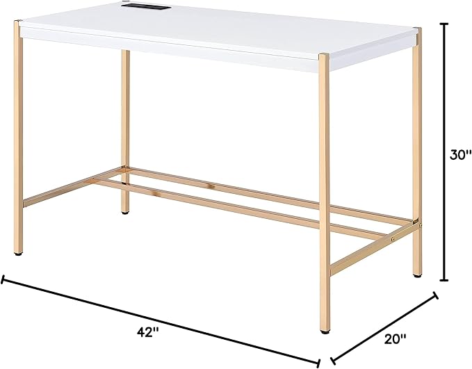 Acme Midriaks Wooden Top Writing Desk with USB Port in White and Gold - LeafyLoom