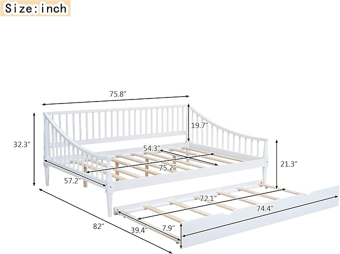 Full Size Daybed with Hideaway Trundle and Support Legs,Multi-functional Wood Bed Frame,W/Rails Three Sides,Easy to Assemble,for Bedroom,Living Room,Apartment,White - LeafyLoom