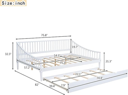 Full Size Daybed with Hideaway Trundle and Support Legs,Multi-Functional Wood Bed Frame,W/Rails Three Sides,Easy to Assemble,for Bedroom,Living Room,Apartment,White - LeafyLoom