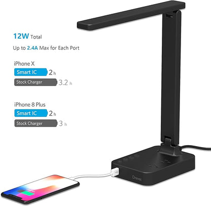 Drevet LED Desk Lamp, Desk Light with 1 USB Charging Port and 2 AC Power Outlet, 3 Lighting Modes, 3 Level Brightness,1H Timer, Touch Control, Eye-Caring Home Office Foldable Table Lamp (Black) - LeafyLoom