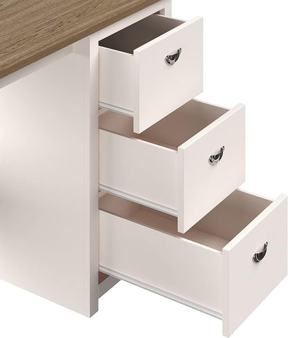 Lavish Home Traditional Desk with Attached 3-Drawer File Cabinet-for Home Office, Bedroom, Computer, or Craft Table, White and Wood Finish - LeafyLoom