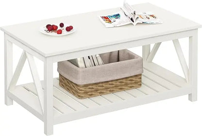 ChooChoo Coffee Table, Living Room Table with Shelf, 40 Antique White - LeafyLoom