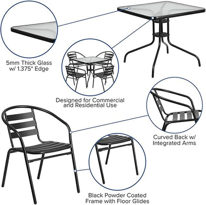 Flash Furniture 5-Piece Patio Dining Set with 31.5" Square Glass Metal Table and 4 Stackable Slat Back Chairs, Indoor/Outdoor Bistro Table and Chairs Set, Black - LeafyLoom