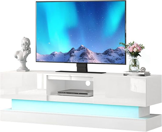 Modern TV Stand Glossy White - TV Console with Led Lights and Storage Drawers for Televisions up to 70 Inchs - Media Entertainment Center for Living Room, Bedroom - LeafyLoom