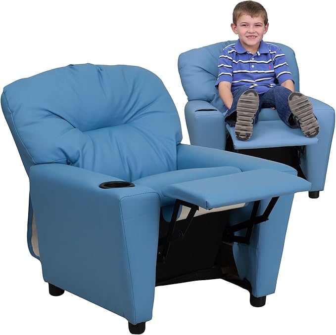 Flash Furniture Chandler Vinyl Kids Recliner with Cup Holder and Safety Recline, Contemporary Reclining Chair for Kids, Supports up to 90 lbs., Light Blue - LeafyLoom