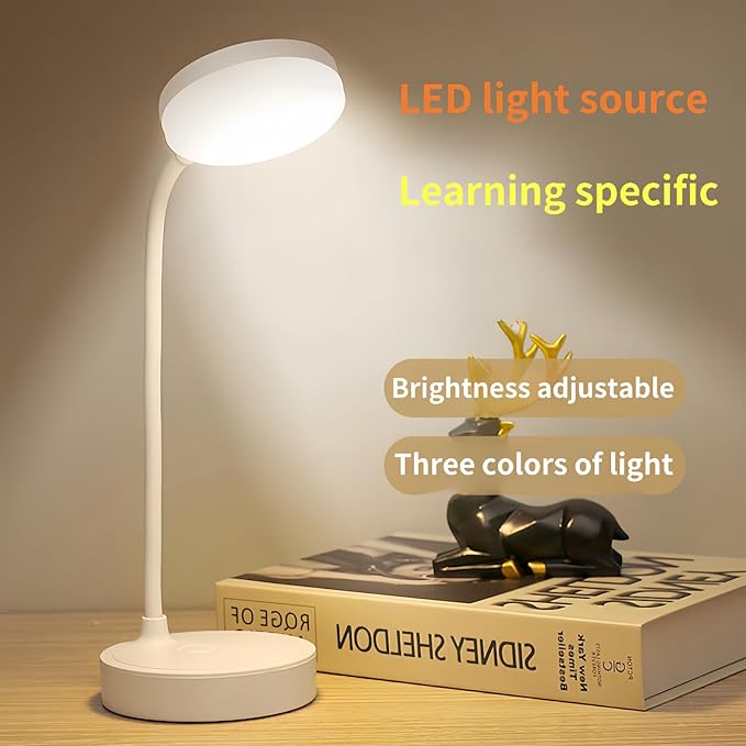 Small desk lamp USB rechargeable desk lamp with 3 color modes, dimmable learning lamp for learning, reading and writing, art and handicrafts, nail art, flexible gooseneck desk lamp - LeafyLoom