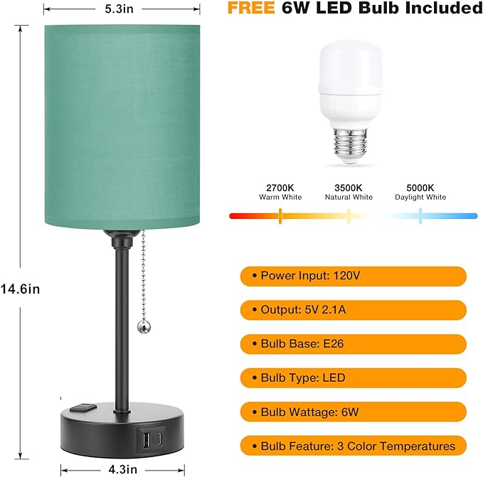 Dicoool Green Table Lamps 3 Color Temperatures - 2700K 3500K 5000K Bedside Lamp with USB C and A Ports, Pull Chain Lamp for Bedroom with AC Outlet, Nightstand Lamp with Black Metal Base for Kids Boys - LeafyLoom